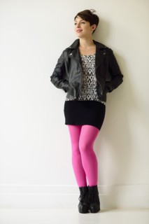 Young woman wearing pink stockings.