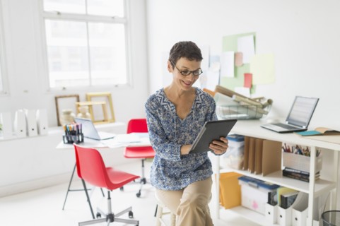 Woman working in home office.