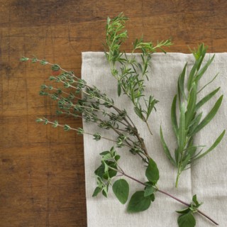 Variation of herbs on table.