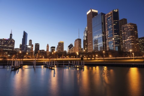 Skyline at dusk seen from marina