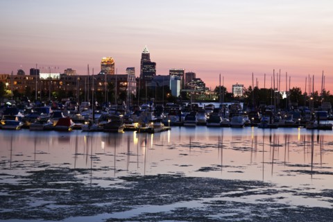 Cityscape and marina seen from lake Erie