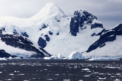 Snowcapped rock and ice floes