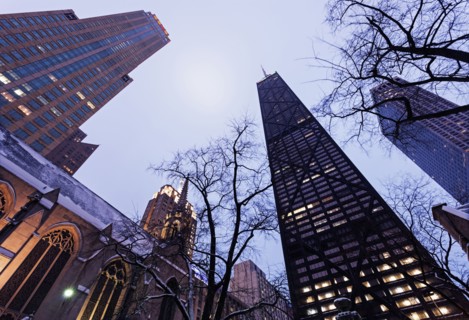 Low angle view of John Hancock Center seen from Fourth Presbyterian Church