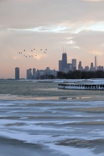 Downtown seen from north side at sunset