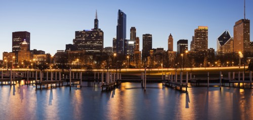 City skyline at dusk
