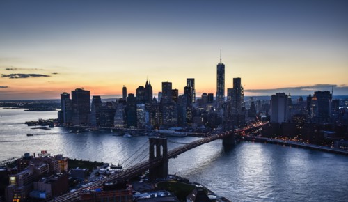 Aerial view of downtown at dusk. New York City, New York.