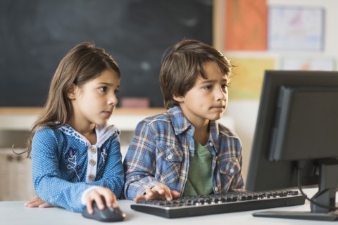 Pupils (6-7) using computer in classroom.