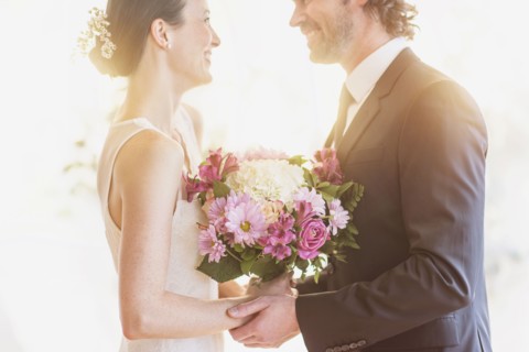 Bride and groom celebrating their wedding.