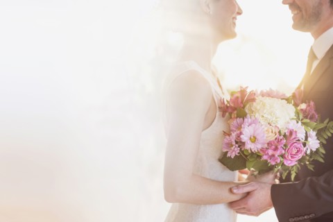 Bride and groom celebrating their wedding.