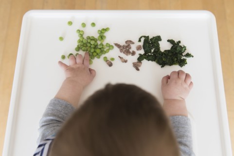 Baby girl (12-17 months) eating steak, spinach and green peas