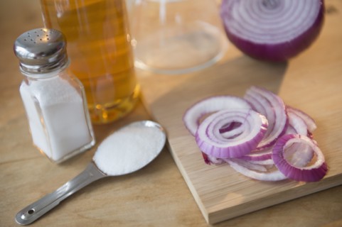 Studio shot of red onion and salt