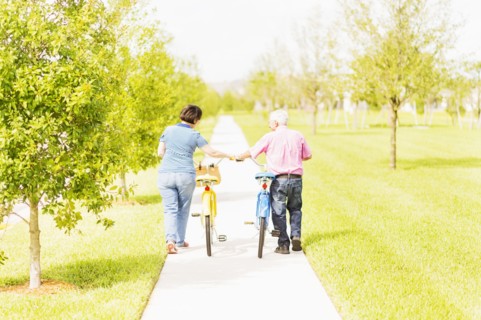 Rear view of couple wheeling bicycles along cycling path