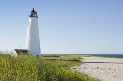 Great Point Lighthouse on overgrown beach against clear sky