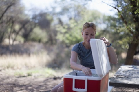 Smiling woman opening cooler in park