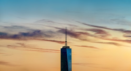 Freedom tower with sunset sky. New York City, New York.