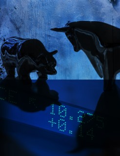 Digital composite with ceramic animals and trading board.