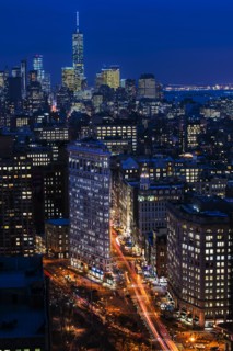 High angle view of city at night. New York City, New York.