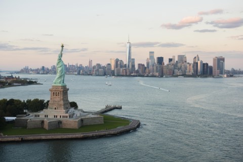 Aerial view of Statue of Liberty and city skyline