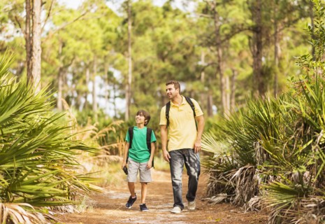 Father and son (12-13) walking through forest