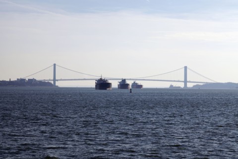 View of ships and Verrazano-Narrows Bridge