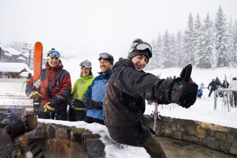 Group of skiers having break