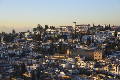High angle view of old town on hill