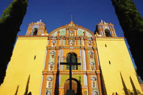 Low angle view of yellow ornate church