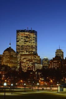 Illuminated office buildings at dusk