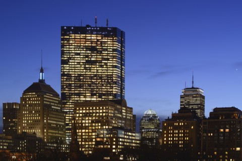 Illuminated office buildings at dusk