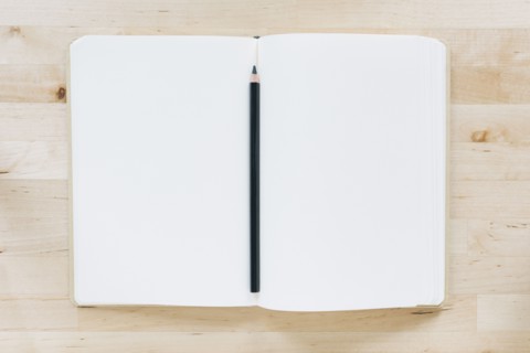 Overhead view of pencil in notebook