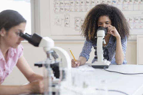 Teenage girls (14-15, 16-17) using microscope in science class.