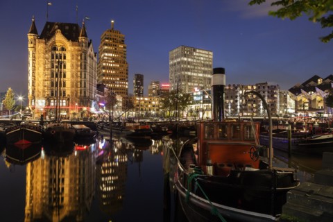 Old Harbor skyline illuminated at dawn