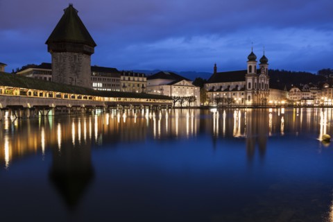 Chapel Bridge and Jesuit Church at Night