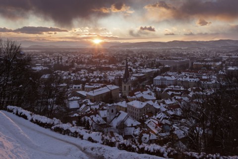 Winter cityscape at sunrise