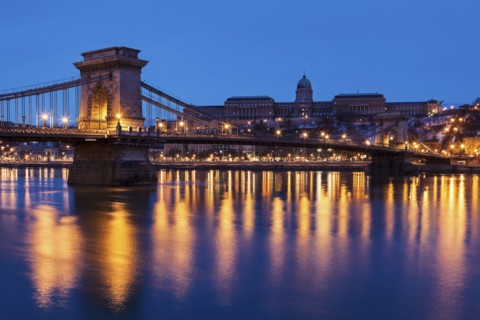 Illuminated Chain Bridge and Buda skyline