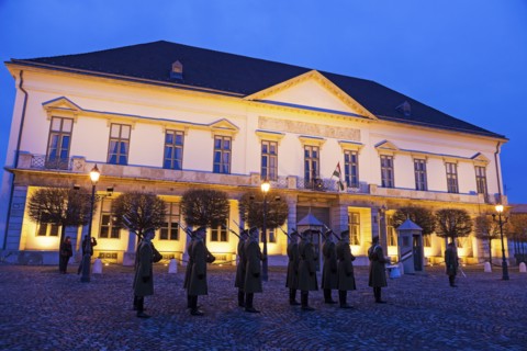Honor guard in front of illuminated Sandor Palace