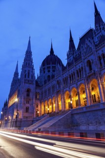 Illuminated Hungarian Parliament and light trails