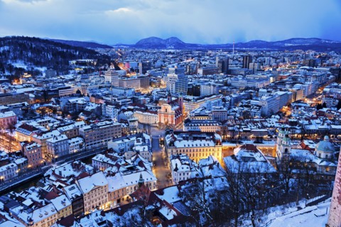 Winter cityscape at dawn