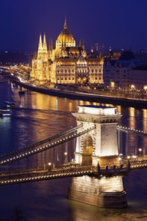 Illuminated Chain Bridge and Hungarian Parliament Building