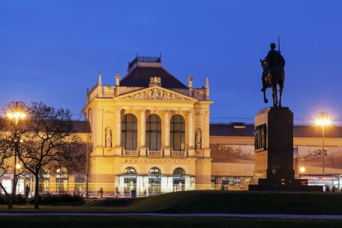 Illuminated building of main railway station