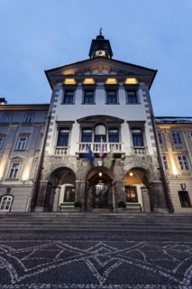 Illuminated facade of Ljubljana City Hall