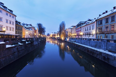 View along Ljubljanica River at dusk