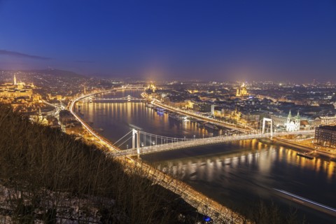 Waterfront cityscape with illuminated Elisabeth Bridge