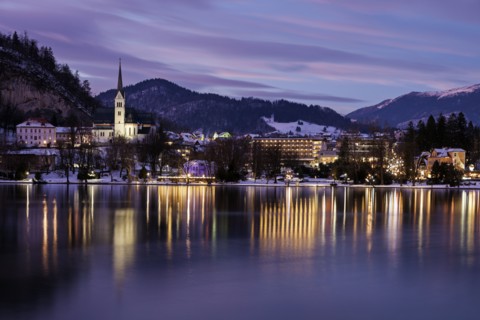 Lake Bled and illuminated waterfront