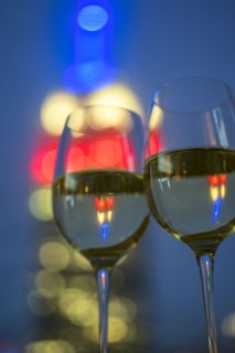 View of two wineglasses with white wine. USA, New York, New York City.