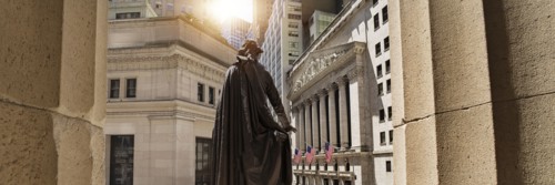View of George Washington statue. USA, New York, New York City.