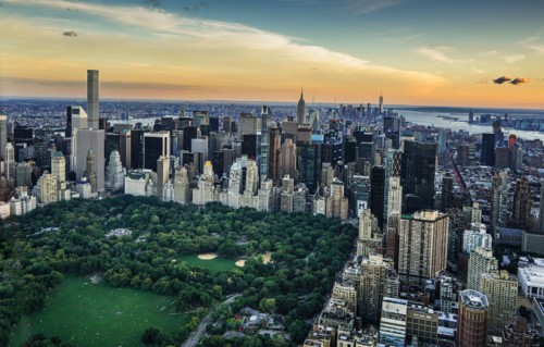Aerial view of downtown district. USA, New York, New York City.