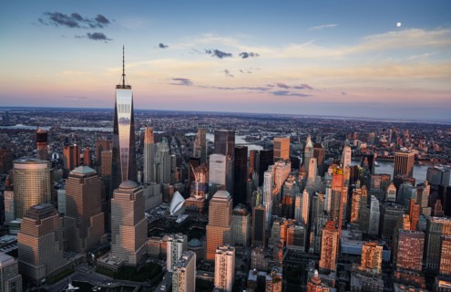 Aerial view of downtown district. USA, New York, New York City.