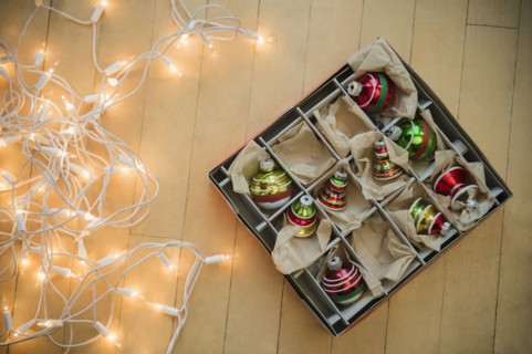View of Christmas lights and baubles