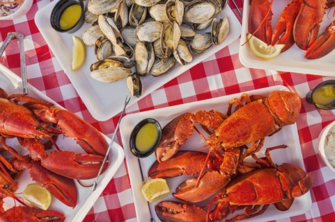View of table with lobster meal